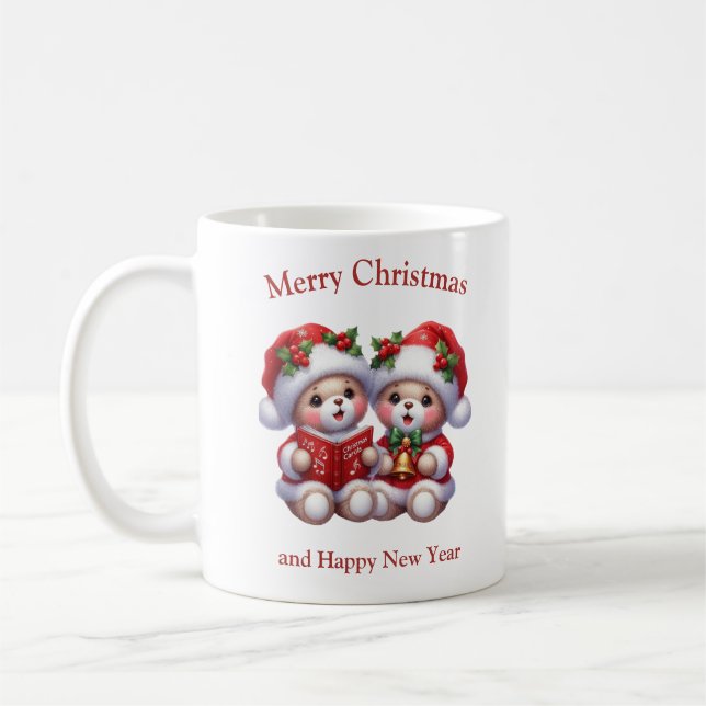 Söta teddybjörnar tvillingar sjunger julvisor kaffemugg (Vänster)