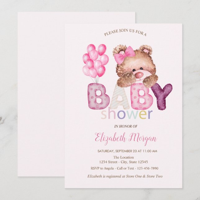 Söta teddybjörnballonger Baby Shower Inbjudningar (Fram/baksida)