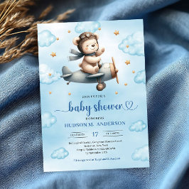 Söta Teddybjörnspilot Blå Guld Pojke Shower Inbjud Inbjudningar