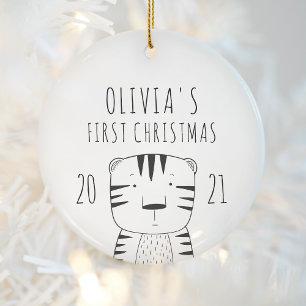 Söta Tiger Bebis Första Jul Svart Vitt Julgransprydnad Keramik