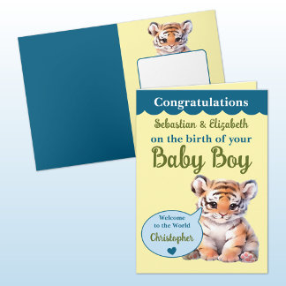 Söta tiger namn blå grön baby pojke kort