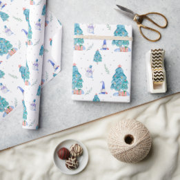 Söta Tomtar Vattenfärg Blå Jul Snöig Träd Presentpapper