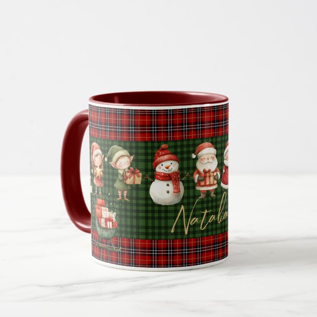 Söta tomte-älvor God Jul gröna röda rutor  Mugg (Framsida vänster)