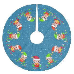 Söta tomtebarn på safirblå med snöaccent julgransmatta borstad polyester