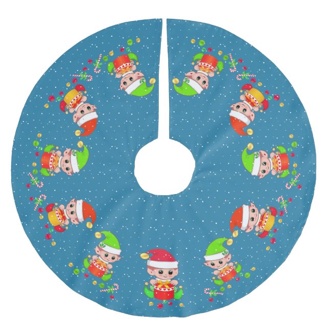 Söta tomtebarn på safirblå med snöaccent julgransmatta borstad polyester (Framsidan)