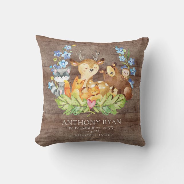Söta trädsdjur Baby Birth Stats Pillow Kudde (Framsida)