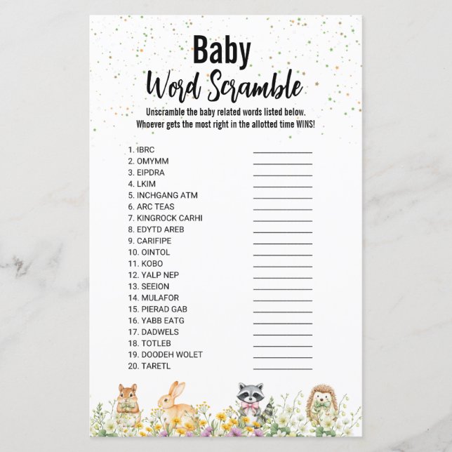 Söta trädsdjur Babydusch ord-skam (Framsida)