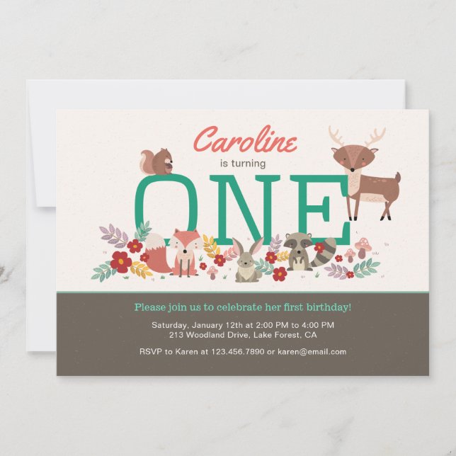 Söta trädsdjur Första födelsedagsinbjudan Inbjudningar (Framsida)