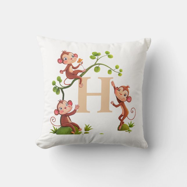 Söta tre apor och gyllene monogram på vit kudde (Framsida)