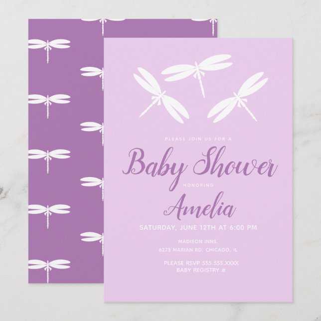 Söta Trollsländor  Violett Baby Shower Inbjudan (Fram/baksida)