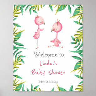 Söta Tropiska Flamingo Tvillingar Bebis Shower Poster