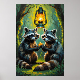 Söta tvättbjörnar som håller lykta, fantasifull sk poster