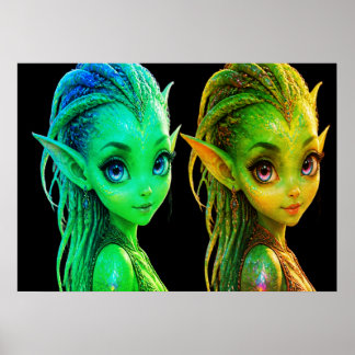 Söta Tvilling Utomjordingar Flickor På En Vägg Poster