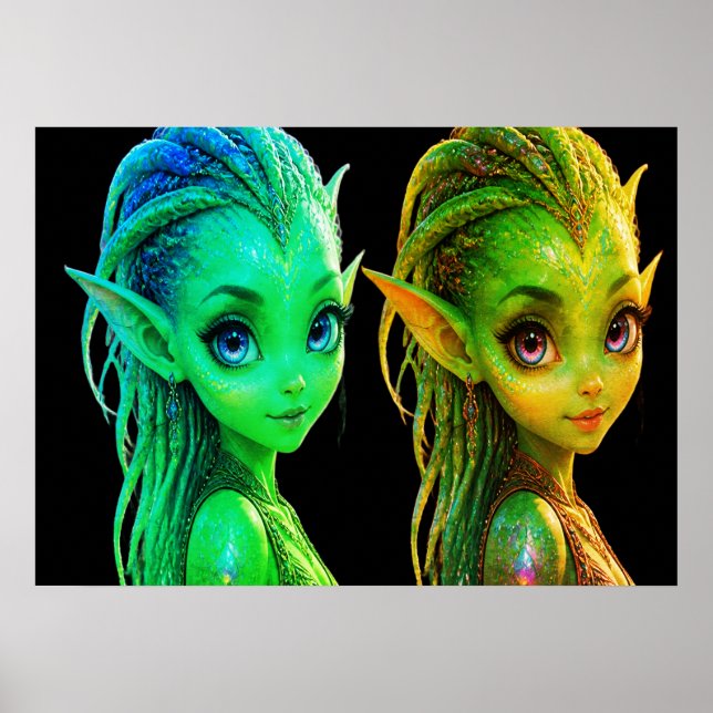Söta Tvilling Utomjordingar Flickor På En Vägg Poster (Framsidan)