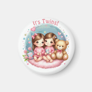 Söta tvillingflickors baby shower Vattenfärg Teddy Magnet