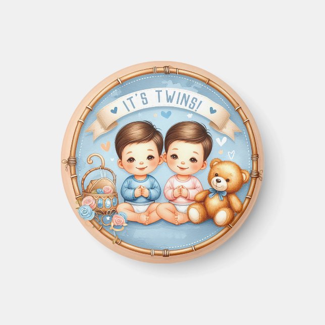 Söta tvillingpojkar Baby Shower Vattenfärg Nallebj Magnet (Framsidan)