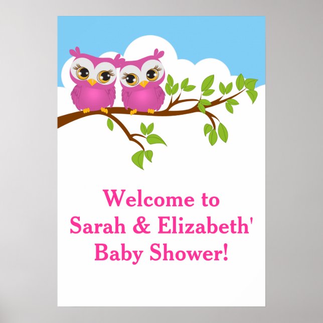 Söta Twillingar Uggla Baby Shower Poster  (Framsidan)
