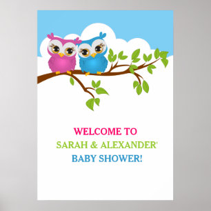 Söta Twillingar Uggla Boy Baby Shower Poster 