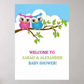 Söta Twillingar Uggla Boy Baby Shower Poster
