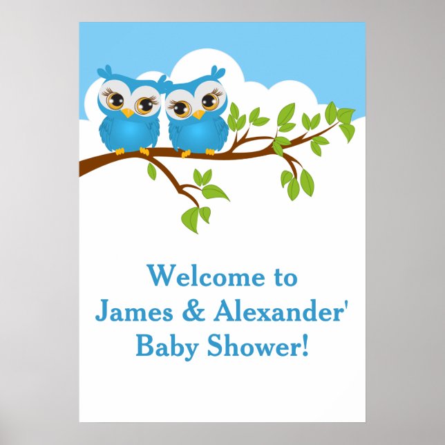 Söta Twillingar Uggla Boy Baby Shower Poster  (Framsidan)