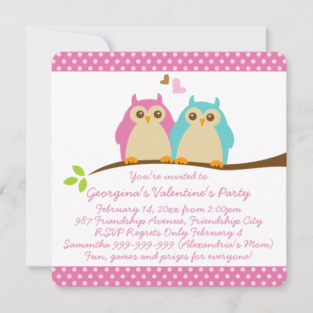 Söta Uggla i Kärlek Rosa Kids Valentines Party Inbjudningar (Framsida)