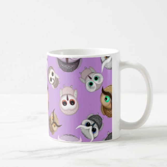 Söta Ugglor Mönster på Lila Bakgrund Kaffemugg (Höger)