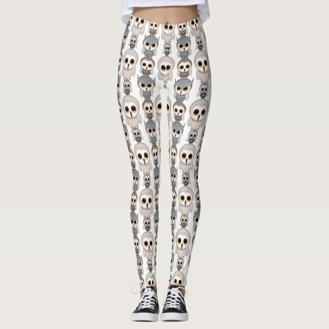 Söta Ugglor Mönster På Vitt Leggings (Framsida)