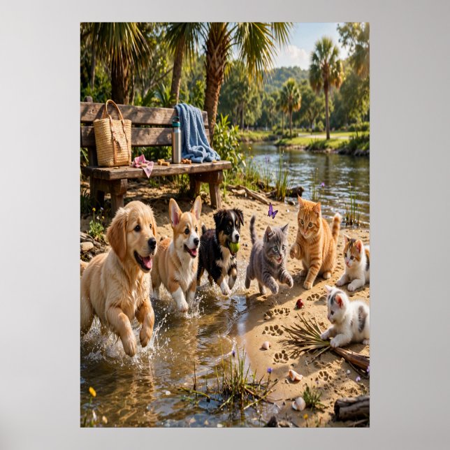 Söta valpar & kattungar Flodkant Vägg  Poster (Framsidan)