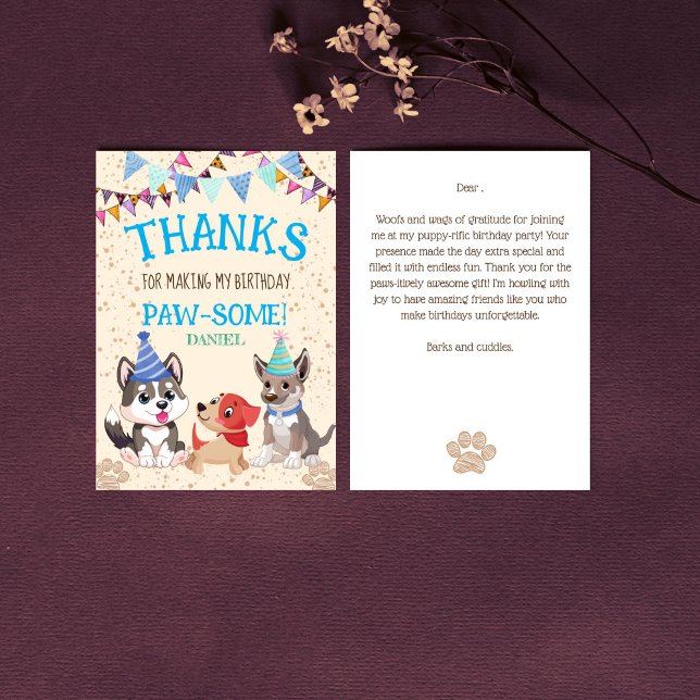 Söta valpar valp fest låt oss paw-ty tack kort (Cute puppies puppy party let's paw-ty thank you card birthday thank you card blue for boys)