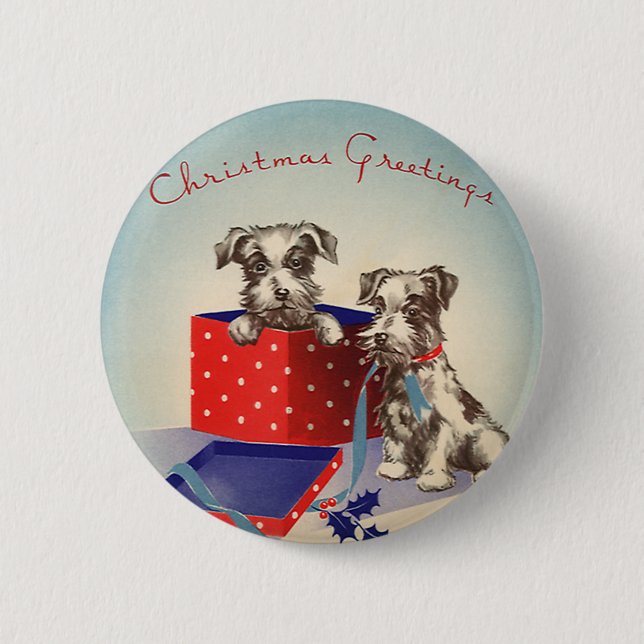 Söta valpar, vintage julhälsningar knapp (Framsida)