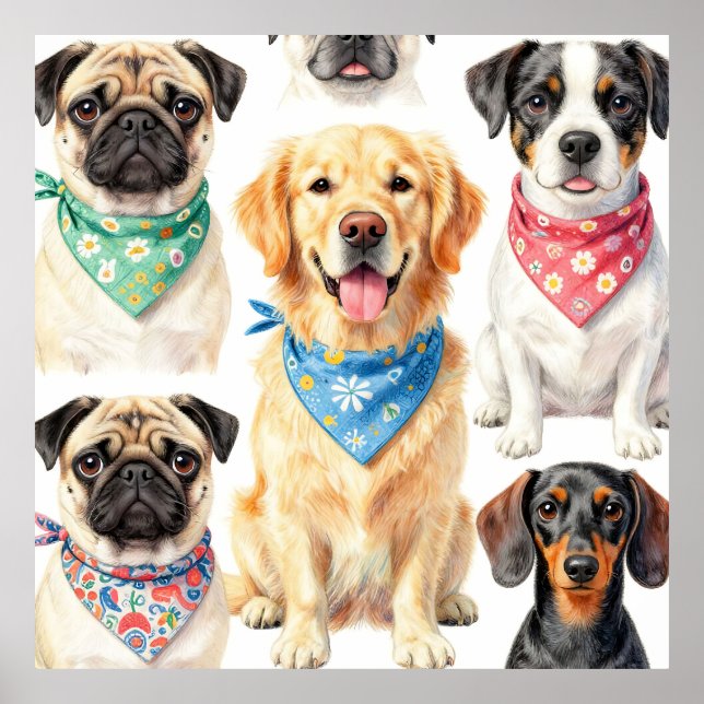 Söta valporträtt Bandana Collage Akvarell Poster (Framsidan)
