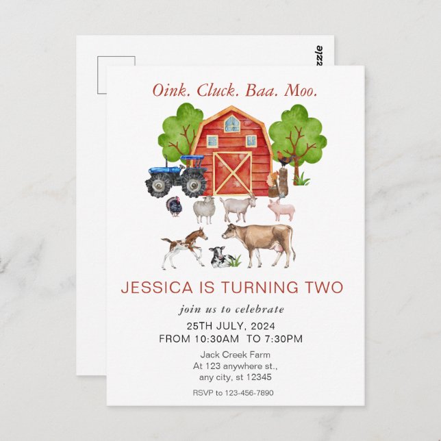 Söta vattenfärg gårdsdjur barnkalas vykort (Fram/baksida)