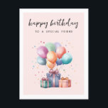 Söta Vattenfärg Presenter Ballonger Vän Födelsedag Vykort<br><div class="desc">Fira glädjen av vänskap med vårt förtjusande födelsedagskort! Med fantasifulla vattenfärgspaket och ballonger är detta kort det perfekta sättet att skicka varma hälsningar till en speciell vän. Det hjärtliga meddelandet "Grattis på födelsedagen till en speciell vän" tillför en personlig touch till den festliga designen. Oavsett om de är nära eller...</div>