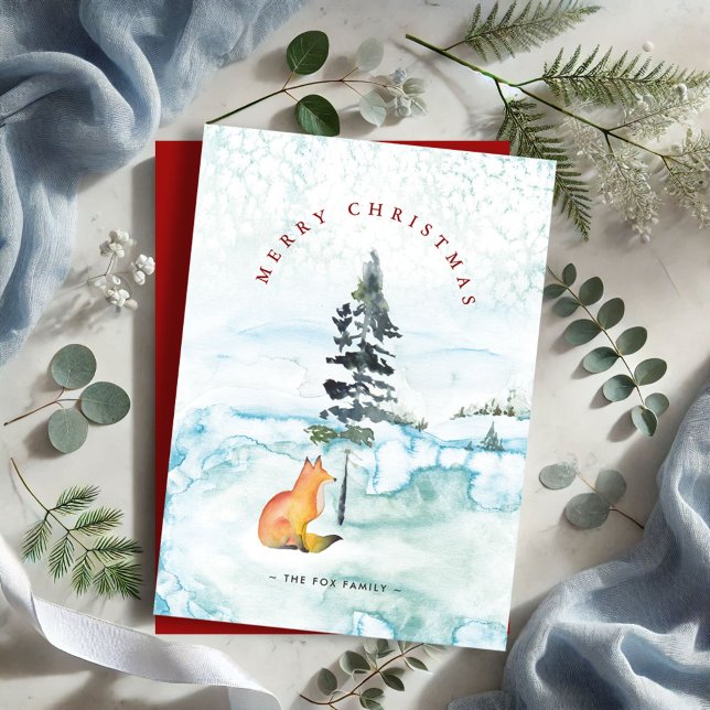 Söta Vattenfärg Rävar Julkort (Watercolor fox Christmas tree cards winter scene )