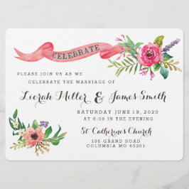 Söta vattenfärgade blommor med banderoll inbjudningar