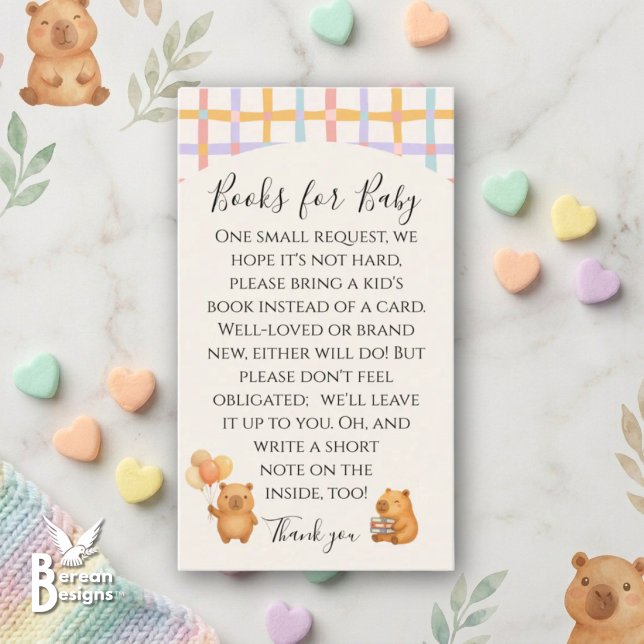 Söta Vattenfärgskapybara Böcker för Bebis Tilläggskort (Cute Watercolor CAPYBARA BABY SHOWER Books for Baby Enclosure Card to celebrate capy arrival.)