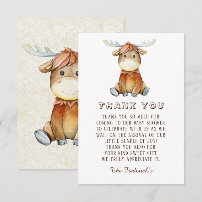 Söta vattenfärgskort för baby shower med älgtackko tack kort (Fram/baksida)