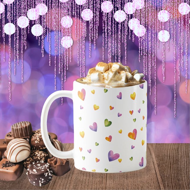 Söta vattenfärgsregnbågshearts Mönster Kaffemugg (Sweet Watercolor Rainbow Hearts Pattern Coffee Mug -- Fill With Candy for Valentine's!)