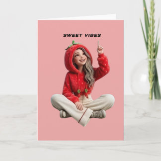 Söta vibbar söt jordgubbs hoodie karaktär rosa kort