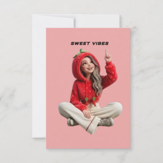 Söta vibbar söt jordgubbs hoodie karaktär rosa tack kort