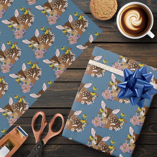 Söta Vilda Blommor Hjortunge Blå Bebis Hjort Skogs Presentpapper (Skapare uppladdad)