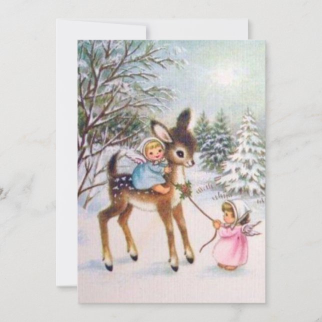 Söta Vintage Änglar Med Jul Baby Hjort Julkort (Framsida)