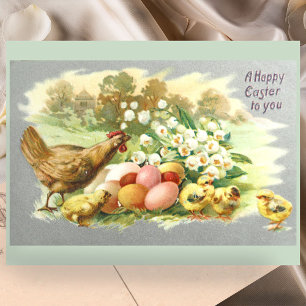 Söta vintage påskkycklingar och blomstermotiv ägg vykort
