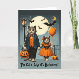 Söta vintagekatter som trick-or-treatar på Hallowe Helgkort