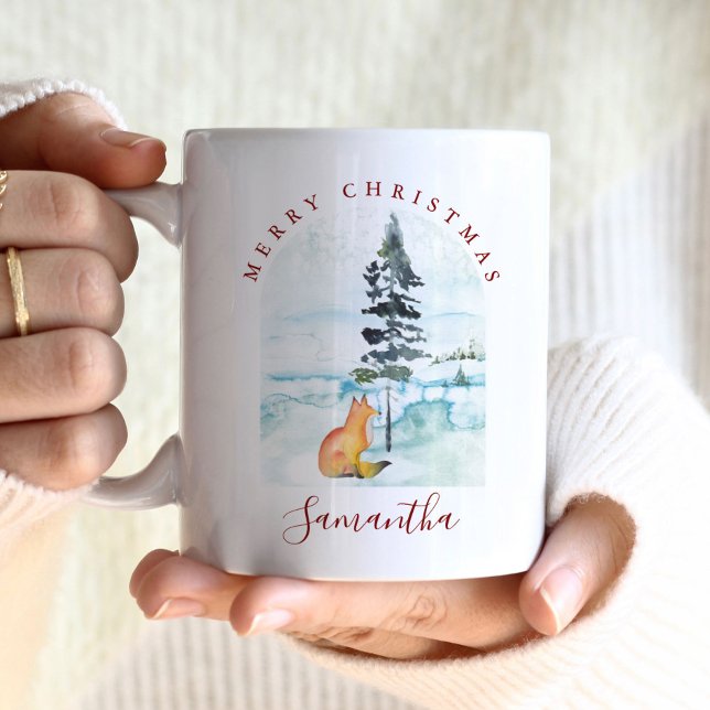 Söta vinter jul kaffemuggar (Christmas coffee mugs feature a watercolor winter scene with fox. Personalized with your name)