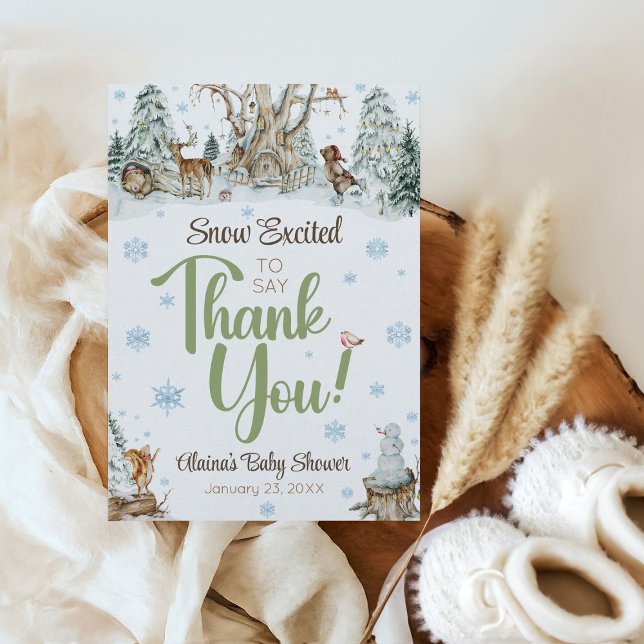 Söta vinter skogsdjur Snöflinga Bebis Shower Tack Kort (Cute Snow Excited to say Thank You mommy-to-be name baby shower thank you card, winter animals)