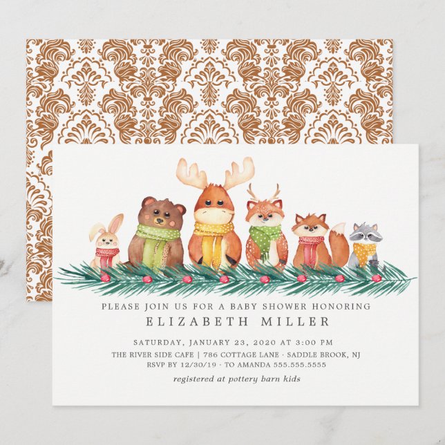 Söta vinter Woodland Animals Baby Shower Inbjudningar (Fram/baksida)
