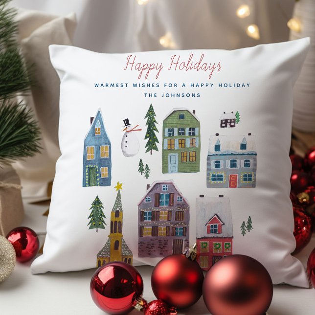 Söta vinterbyhus julhelg  kudde (Cute Winter House Village Scene Christmas Throw Pillow)