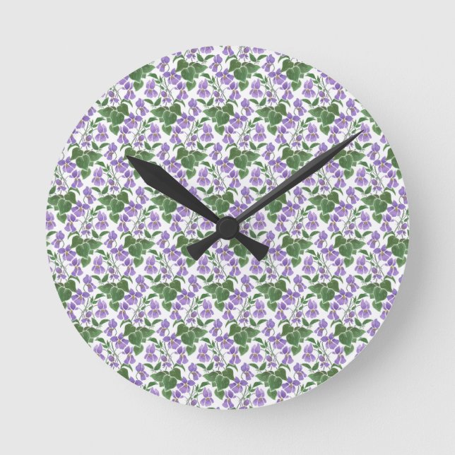 Söta Violets Mönster Söt Round Wall Clock Rund Klocka (Framsida)