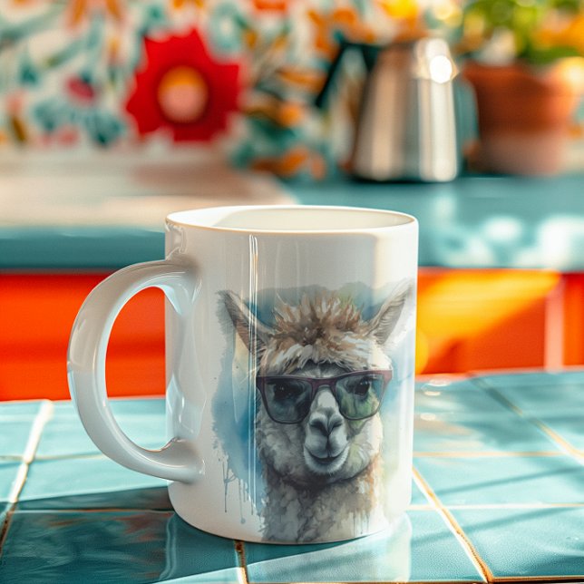Söta vita alpaca med solglasögon kaffemugg (Skapare uppladdad)